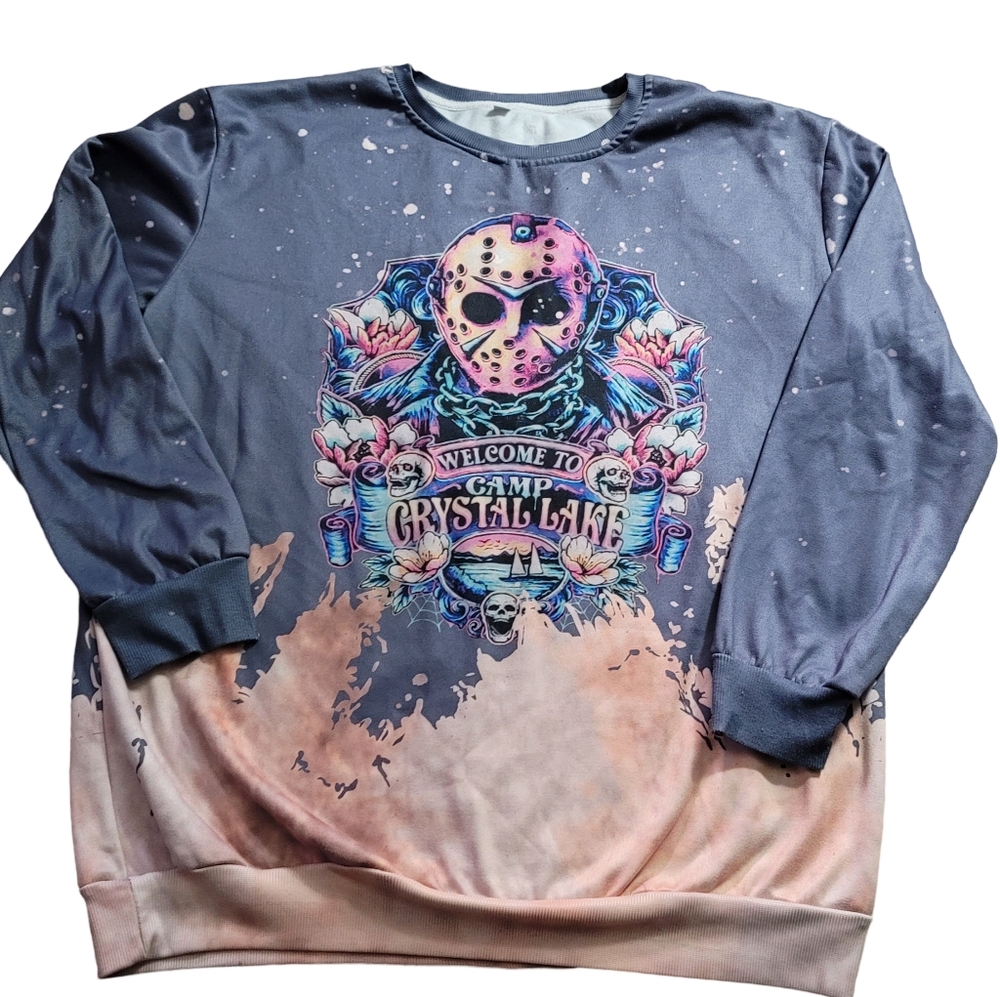 Vintage Friday The 13th Camp Crystal Lake 3XL Blue Bleach Dyed Sweatshirt Women'